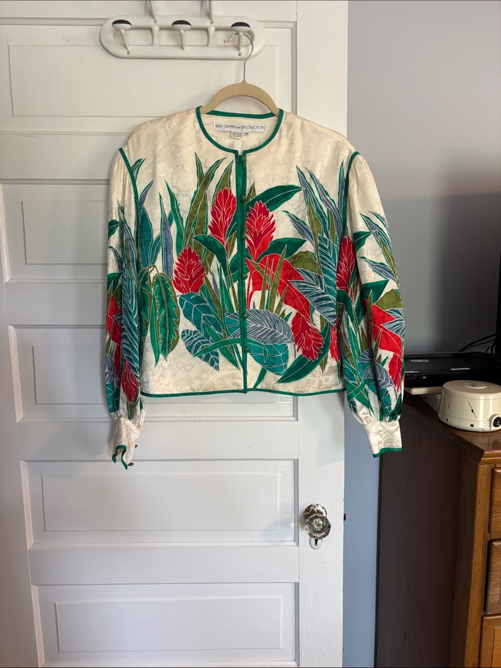Tropical Floral Silk Jacket - Cream & Green with Red Accents